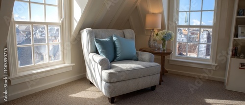 Cozy armchair with blue cushions by sunny windows, offering a warm and inviting atmosphere in a stylish room.