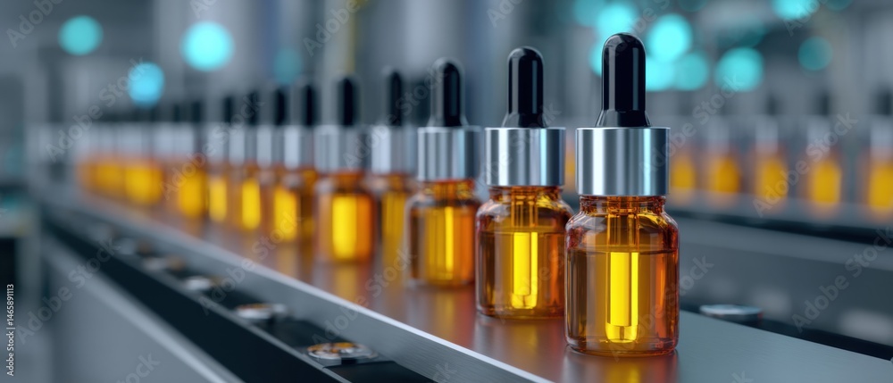Bottles of amber liquid on a production line, showcasing modern industrial manufacturing and packaging processes.