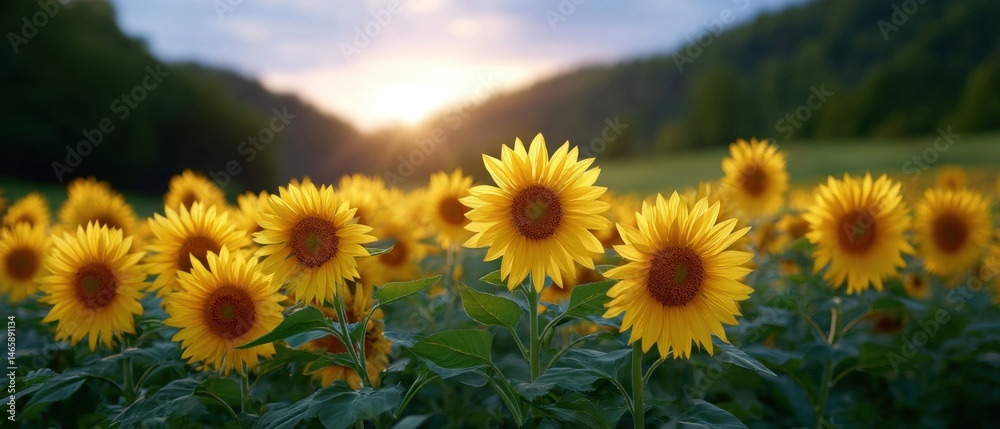 A vibrant field of sunflowers basking in golden sunlight under a serene sky at sunset.