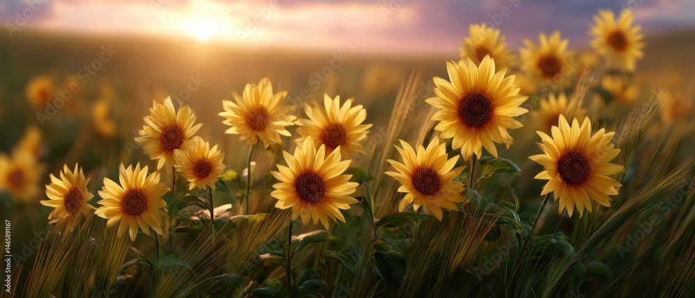 Vibrant sunflowers bloom in a field, illuminated by a warm sunset, creating a serene and picturesque natural scene.