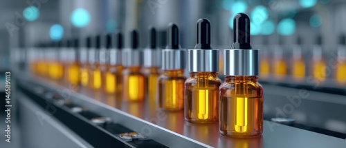 Obraz na płótnie Bottles of amber liquid on a production line, showcasing modern industrial manufacturing and packaging processes. w salonie