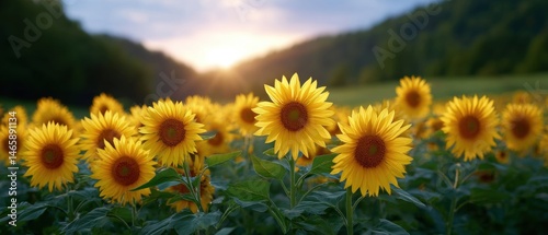 Obraz na płótnie A vibrant field of sunflowers basking in golden sunlight under a serene sky at sunset. w salonie
