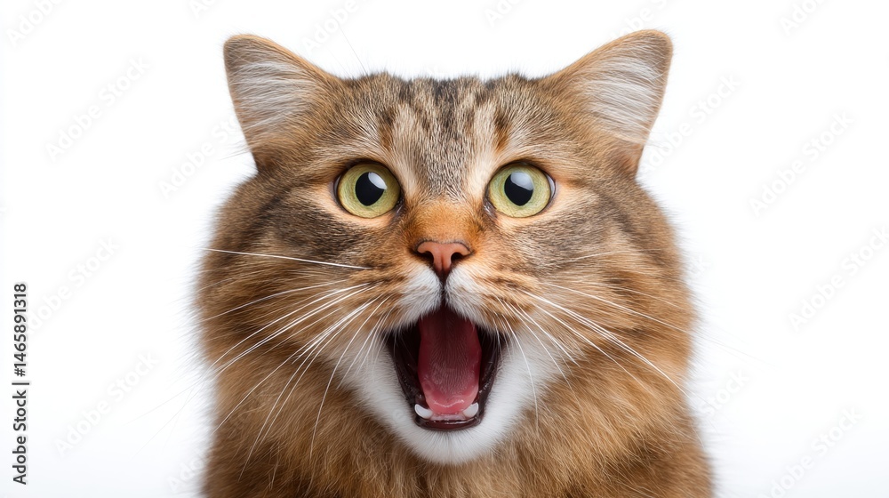 A surprised cat with wide eyes and an open mouth, showcasing an expressive and curious demeanor against a plain background.