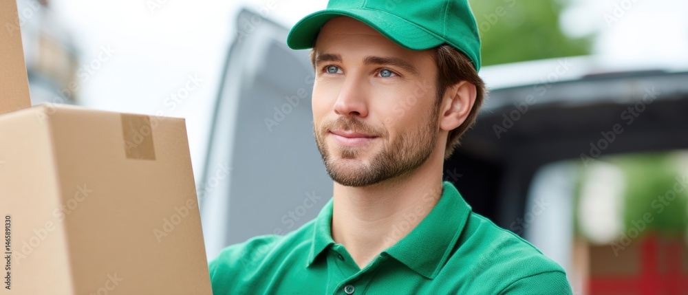 A delivery person in a green uniform holds a cardboard box, smiling as they prepare for a task outdoors.