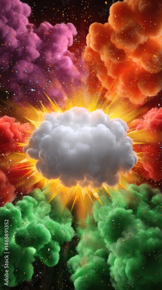 Colorful clouds burst forth in a cosmic scene, radiating vibrant hues of purple, orange, green, and gold against a starry background.