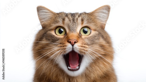 Obraz na płótnie A surprised cat with wide eyes and an open mouth, showcasing an expressive and curious demeanor against a plain background. w salonie