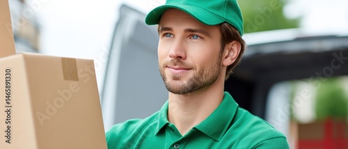 Obraz na płótnie A delivery person in a green uniform holds a cardboard box, smiling as they prepare for a task outdoors. w salonie