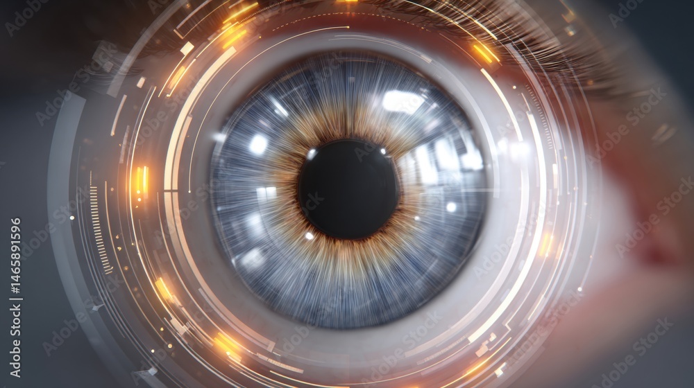 Futuristic digital eye featuring intricate geometric patterns and glowing elements, blending technology with organic structure.