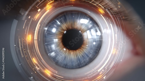 Futuristic digital eye featuring intricate geometric patterns and glowing elements, blending technology with organic structure.