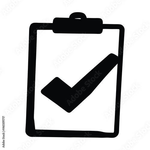 Hand drawn black and white clipboard icon with checkmark within frame