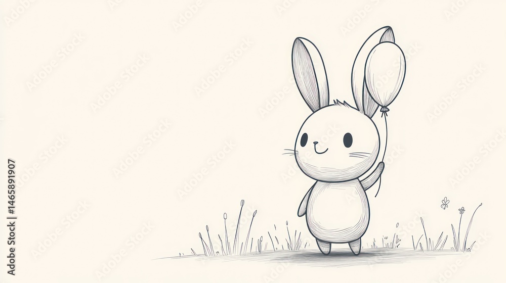 Fototapeta premium Cute cartoon rabbit holding balloons, whimsical illustration, simple background