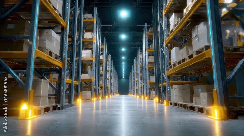 A modern warehouse interior with shelves filled with boxes, illuminated by bright lights, creating a spacious and organized environment.