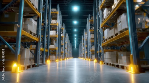 Obraz na płótnie A modern warehouse interior with shelves filled with boxes, illuminated by bright lights, creating a spacious and organized environment. w salonie