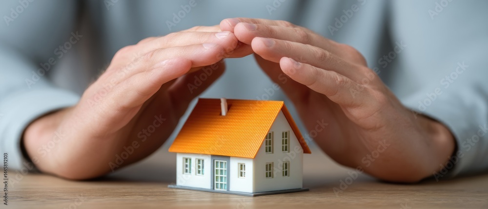 Hands protect a miniature house, symbolizing care, security, and homeownership in a nurturing environment.