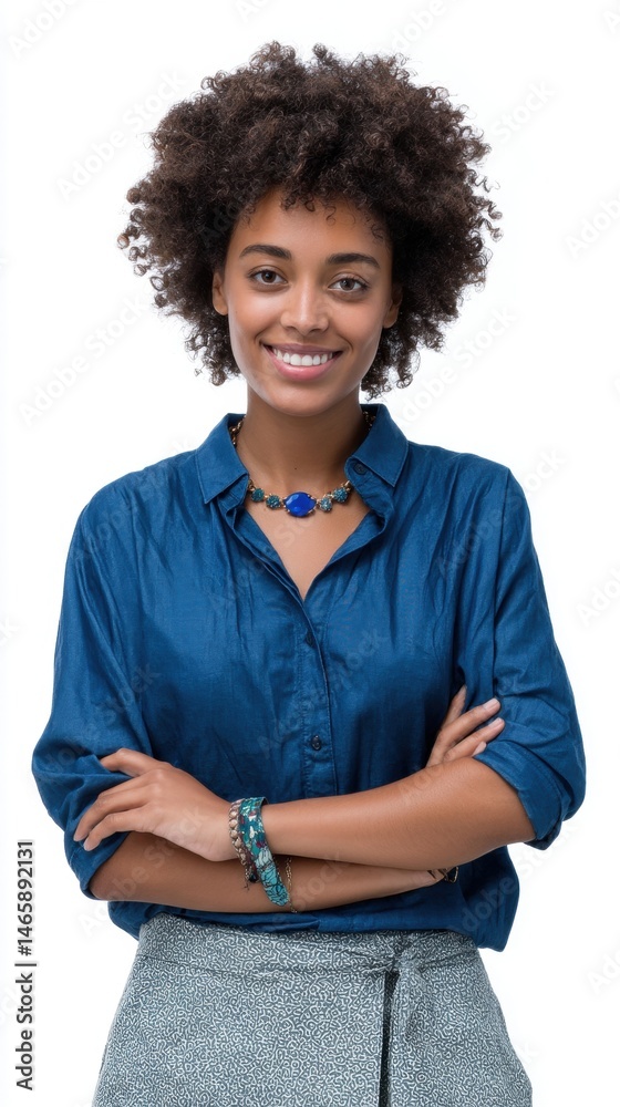 Confident woman with curly hair wearing a blue shirt and accessories, smiling and posing with arms crossed in a friendly manner.