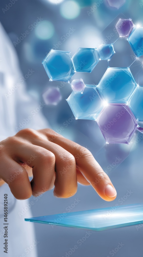 A hand interacts with a holographic display of geometric shapes, symbolizing technology and innovation in a modern context.