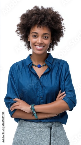 Obraz na płótnie Confident woman with curly hair wearing a blue shirt and accessories, smiling and posing with arms crossed in a friendly manner. w salonie