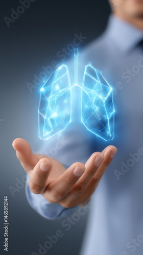Obraz na płótnie A person holds a glowing, digital representation of lungs, symbolizing health and technology in medical innovation. w salonie