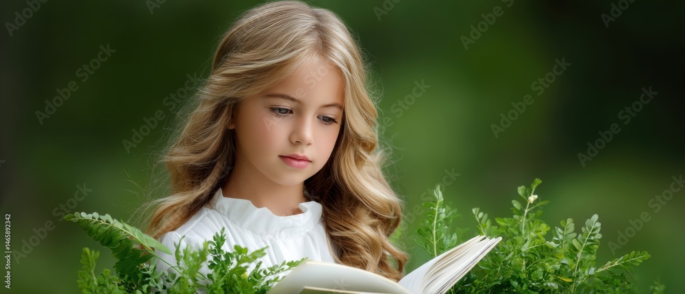 A thoughtful girl reads a book surrounded by lush greenery, creating a serene and enchanting atmosphere.