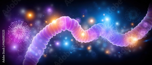 Obraz na płótnie Abstract representation of DNA strands intertwined with vibrant bursts of color and light, evoking a sense of celebration and discovery. w salonie