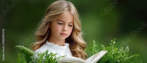 Obraz na płótnie A thoughtful girl reads a book surrounded by lush greenery, creating a serene and enchanting atmosphere. w salonie