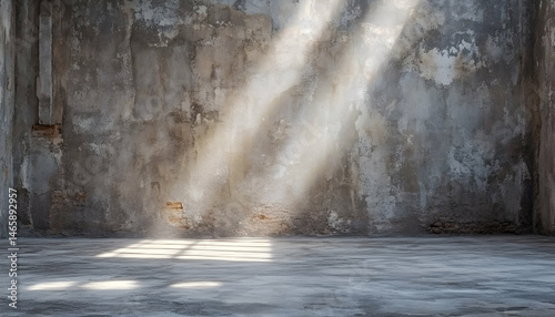 Sunlit grunge interior, textured concrete wall and floor, abandoned building, industrial space, empty room, light and shadow, rustic background.