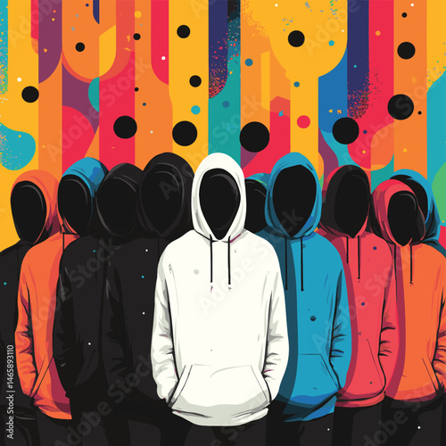 A group of characters with hoodies and hoods interact inside an abstract and futuristic scenario, vector style simple color