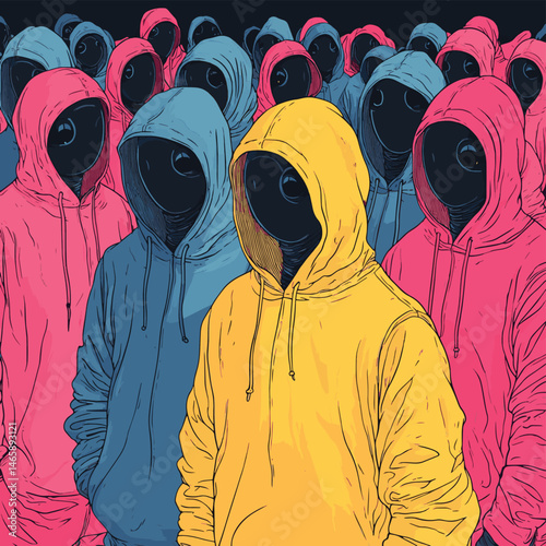 A group of characters with hoodies and hoods interact inside an abstract and futuristic scenario, vector style simple color