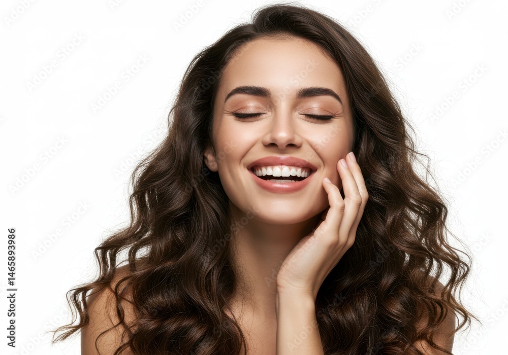Fototapeta premium Portrait of a smiling woman with brown curly hair and hand isolated on white background