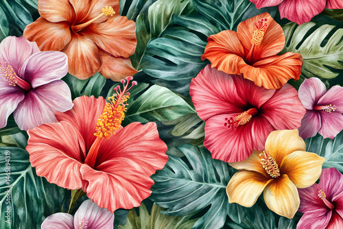 Wallpaper Mural Vibrant watercolor hibiscus flowers and lush tropical leaves create a stunning floral pattern, perfect for textile designs, wallpapers, or summer-themed projects. Torontodigital.ca