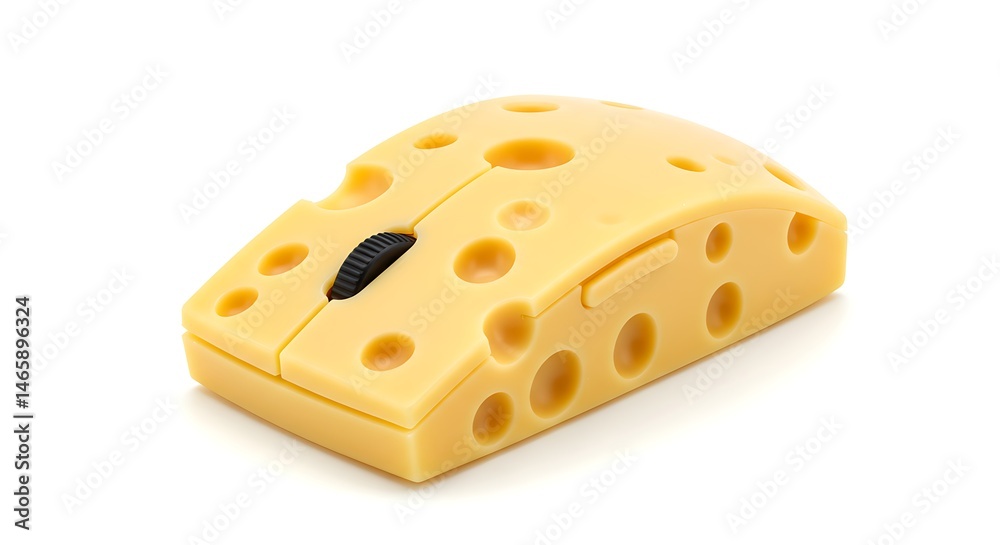 A computer mouse shaped like a piece of cheese on a white background