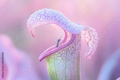 A delicate pink pitcher plant with intricate veining lures an unsuspecting insect.