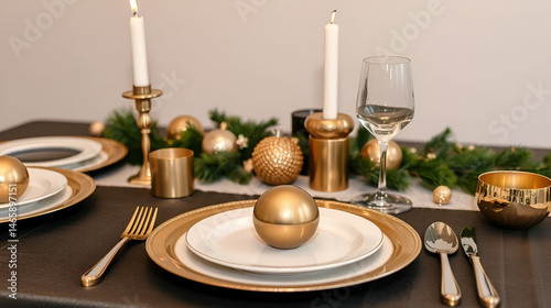 festive table setting with luxe metallic elements, including gold-rimmed plates, silverware, and metallic accents, minimal background