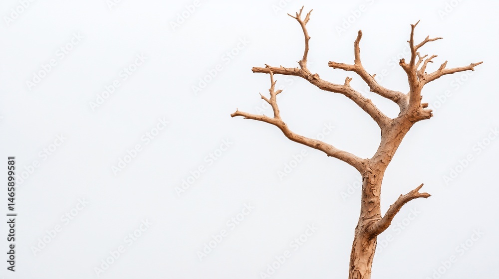 Fototapeta premium Bare tree branches reach upward against a plain white sky