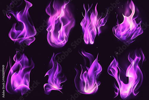 Vibrant purple flame graphics showcasing various shapes and movements against a dark background