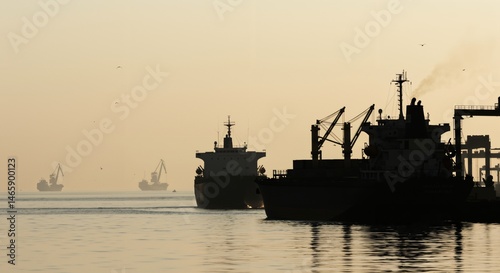 Silhouette of cargo ships and cranes at a hazy port during sunrise or sunset, reflecting on calm water