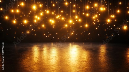 Golden Lightscape: A Dazzling Display of Hanging Lights Reflecting on a Dark, Gleaming Surface