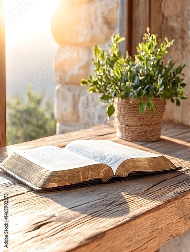 Open bible on wooden surface near window, sunlight and plant