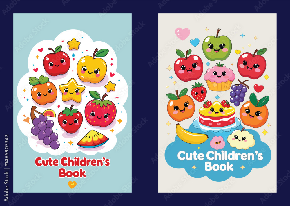 Fototapeta premium Cute Childrens Books With Cartoon Fruits And Desserts Illustrations