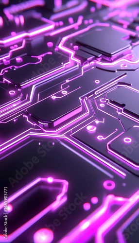 Glowing purple circuitry, intricate electronic pathways and components