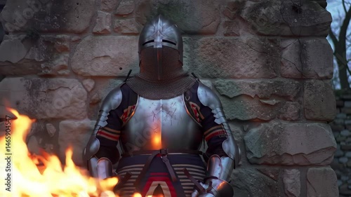 Knight in Shining Silver Armor Standing Guard by a Bonfire Against a Stone Wall At Dusk On A Cold Night