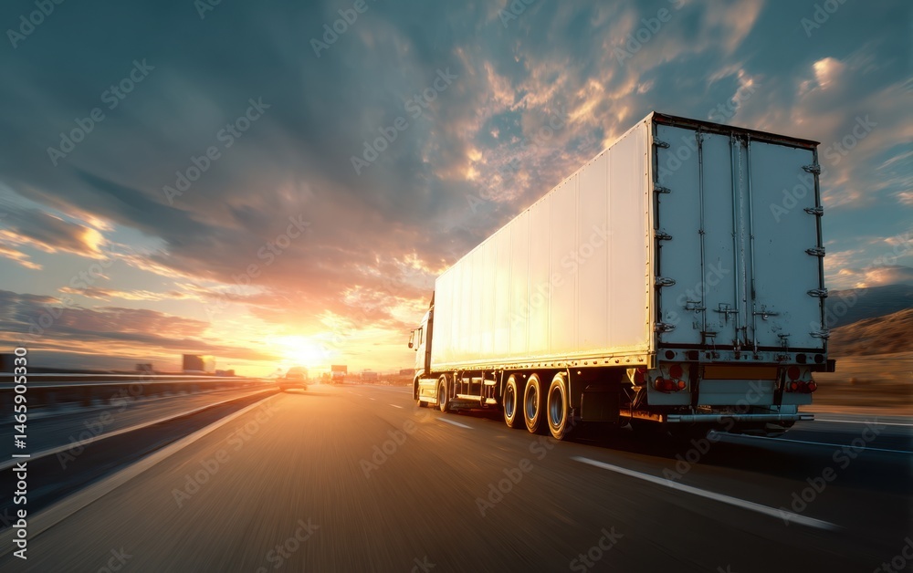 Truck driving on highway during sunset Truck driving on highway during sunset