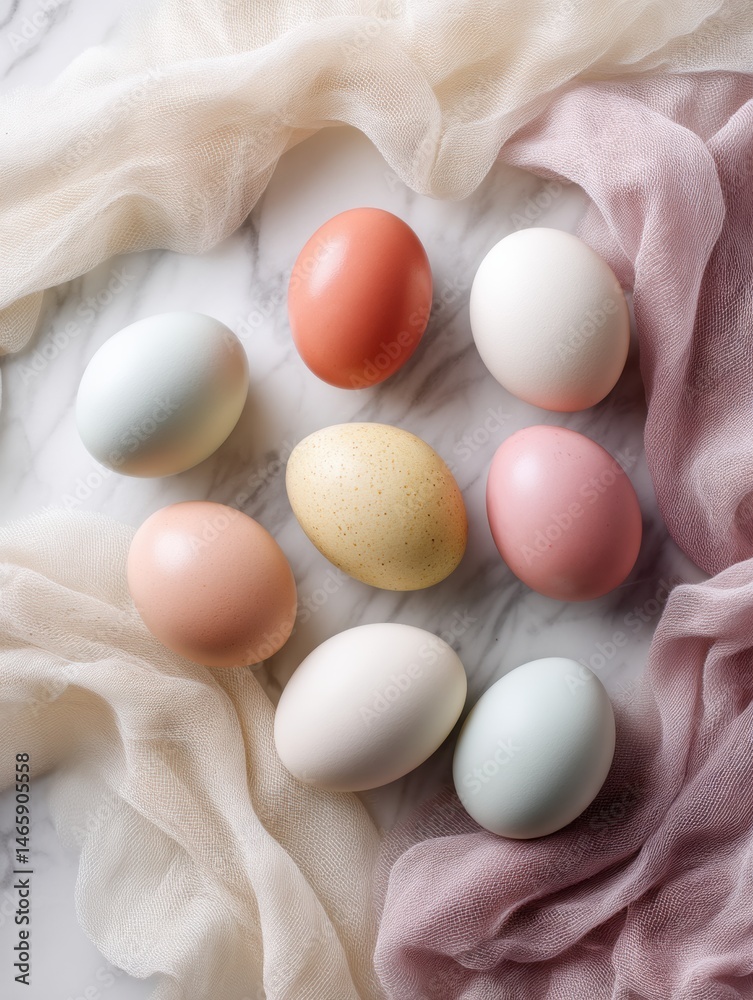 Modern Food Styling With Six Colorful Eggs Arranged on Marble Surface Surrounded by Soft Fabric Generative AI Modern Food Styling With Six Colorful Eggs Arranged on Marble Surface Surrounded by Soft Fabric Generative AI