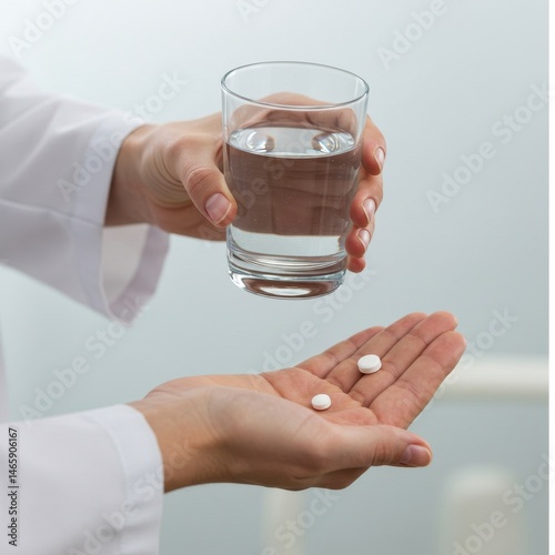 Doctor's Hands Holding Pills and Glass of Water; Medication, Healthcare, Medical Treatment