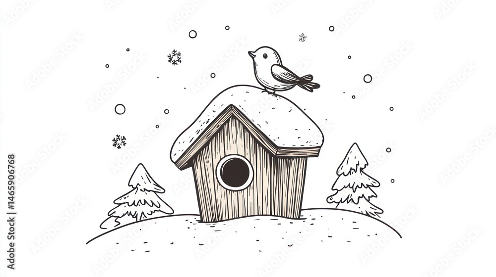 Winter Birdhouse Snowy Landscape Drawing