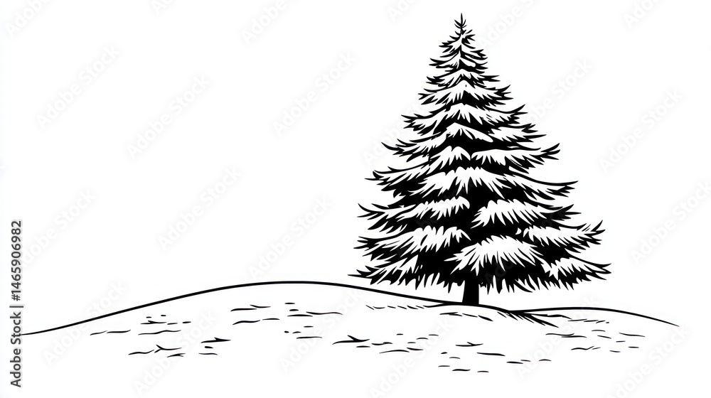 Winter Pine Tree on Hill, Simple Black and White Illustration, Background Snow Covered Landscape