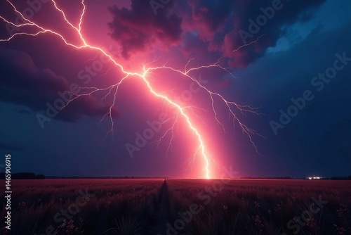 Split second flash, jagged lightning across field, energy, tempest