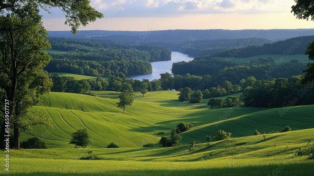 Fototapeta premium Lush green rolling hills, a winding river, and forested valleys. A picturesque landscape at sunset