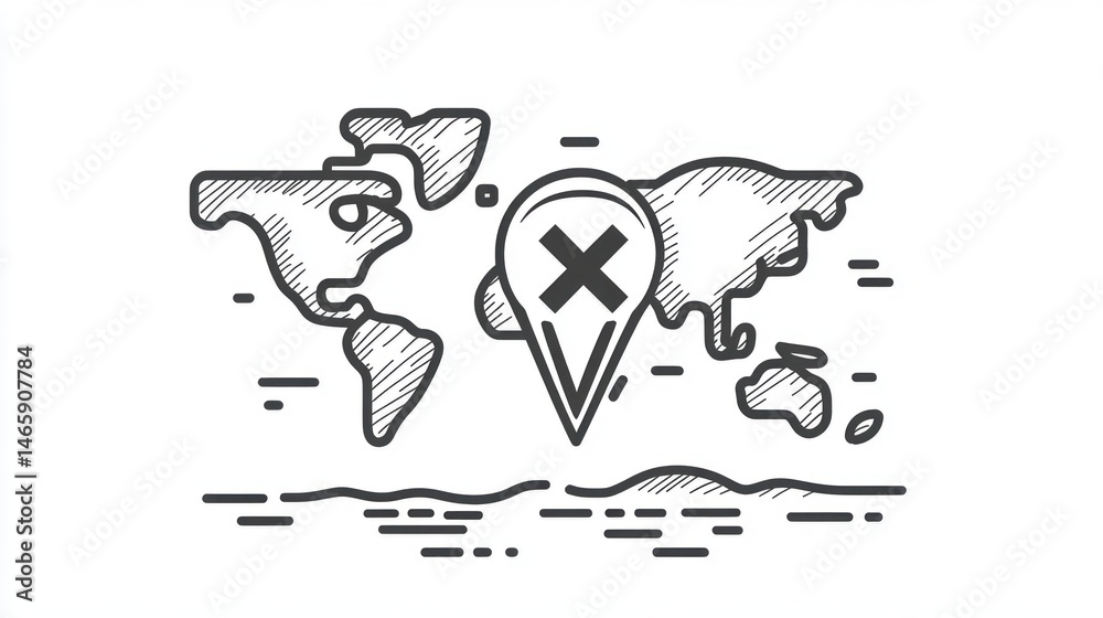 World map with location marker, rejection, or denied access