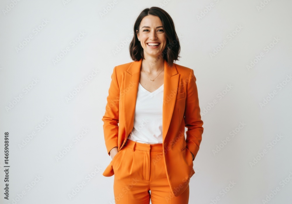 Woman smiling in orange suit against isolated on white background Woman smiling in orange suit against isolated on white background